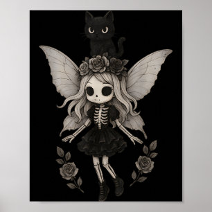 Kawaii Goth Skeleton Fairy with Black Cat Poster