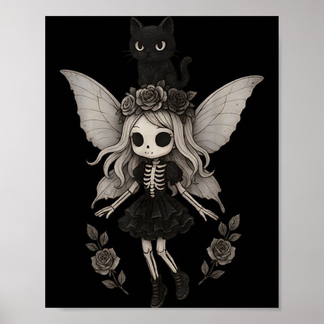 Kawaii Goth Skeleton Fairy with Black Cat Poster (Front)