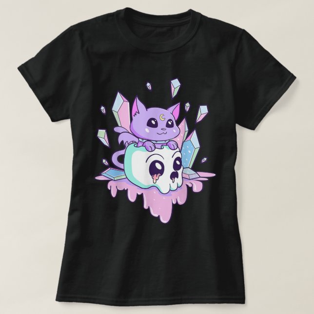Kawaii Gothic Cat Crystal Skull Art T-Shirt (Design Front)