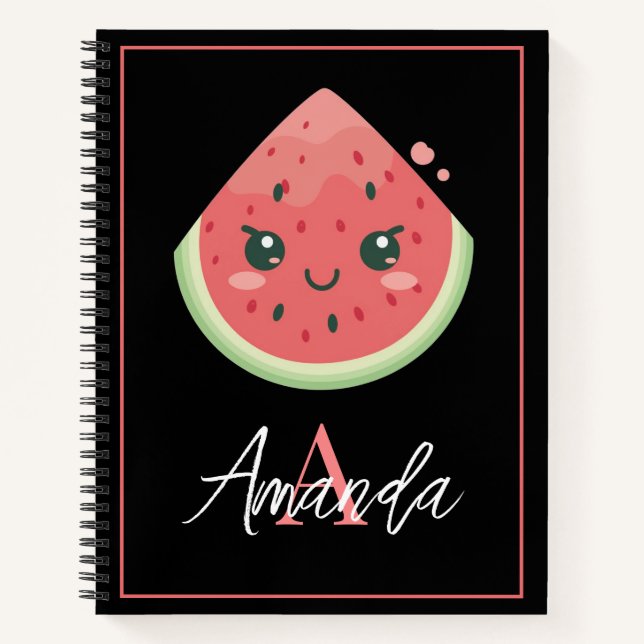 Kawaii Green & Black Watermelon Slice Monogramed Notebook (Front)