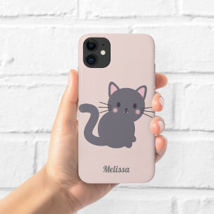 Kawaii Grey Cat Pink Personalised Phone Case