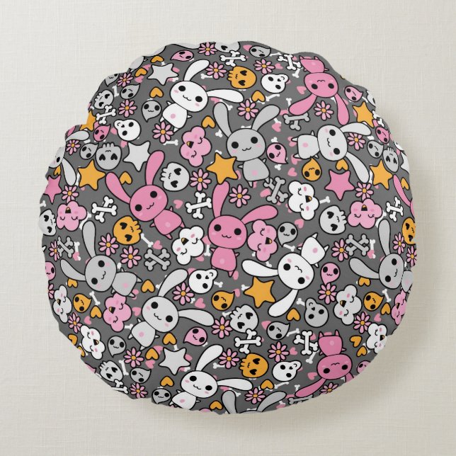 kawaii grey pattern round cushion (Front)