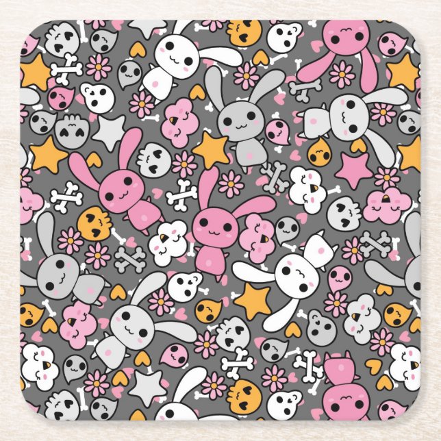 kawaii grey pattern square paper coaster (Front)