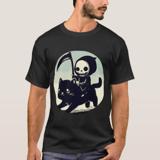 Kawaii Grim Reaper Riding On Black Cat T-Shirt