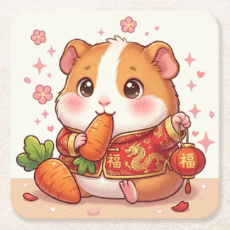 Kawaii Guinea Pig Chinese New Year Lantern, Carrot Square Paper Coaster