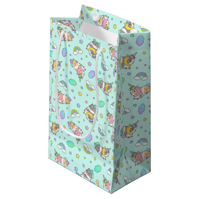 Kawaii Guinea Pig Unicorn Pattern in Blue Small Gift Bag (Front Angled)