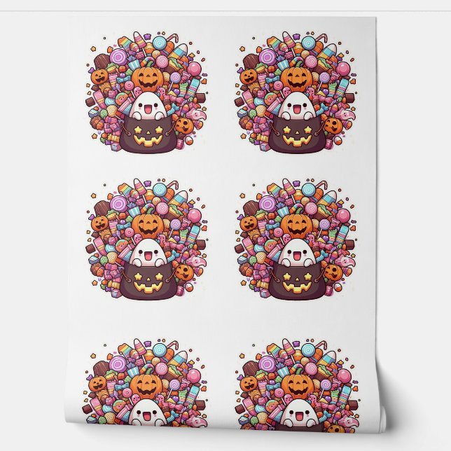 Kawaii Halloween Candy Cute Ghost Pumpkins & Sweet Wallpaper (Unrolling)