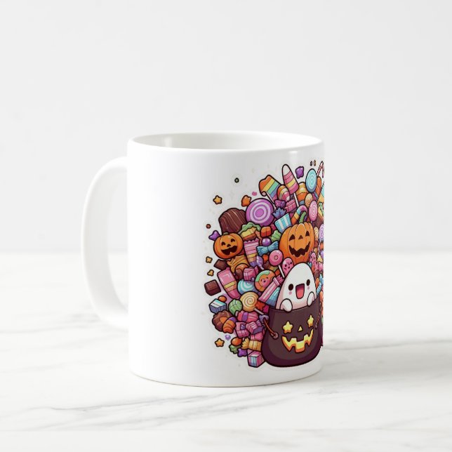 Kawaii Halloween Candy Mug – Cute Ghost, Pumpkins  (Front Left)