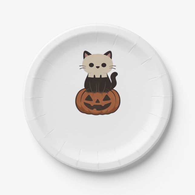 Kawaii Halloween Cat and pumpkin Oversized T-Shirt Paper Plate (Front)