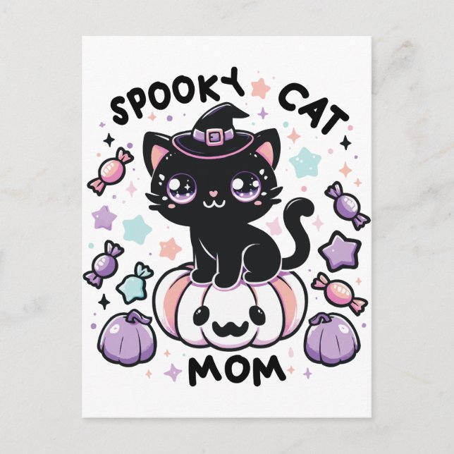 Kawaii Halloween Cat – Cute Witch Kitty on Pumpkin Postcard (Front)
