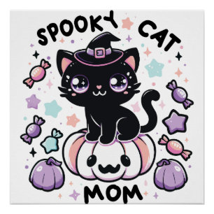 Kawaii Halloween Cat – Cute Witch Kitty on Pumpkin Poster