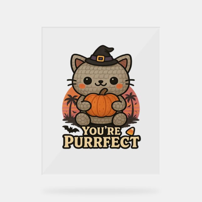 Kawaii Halloween Cat with Pumpkin, Cute Witch Kitt Acrylic Sign (Front)