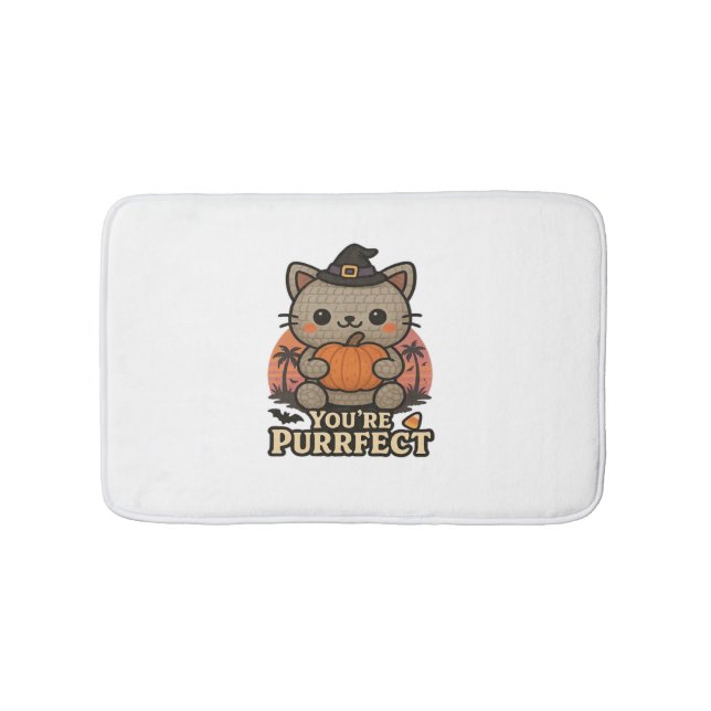 Kawaii Halloween Cat with Pumpkin, Cute Witch Kitt Bath Mat (Front)