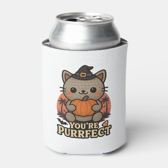Kawaii Halloween Cat with Pumpkin, Cute Witch Kitt Can Cooler (Can Front)