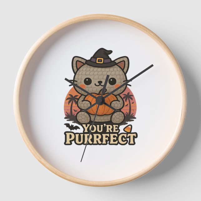 Kawaii Halloween Cat with Pumpkin, Cute Witch Kitt Clock (Front)