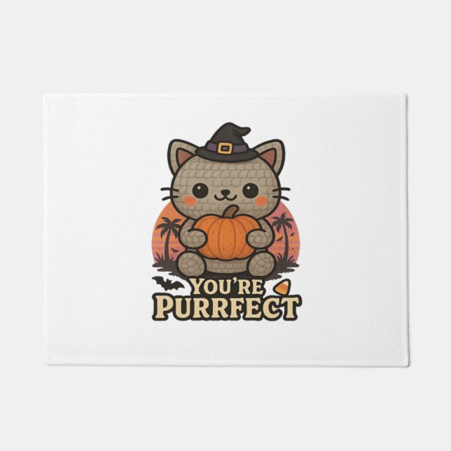 Kawaii Halloween Cat with Pumpkin, Cute Witch Kitt Doormat (Front)
