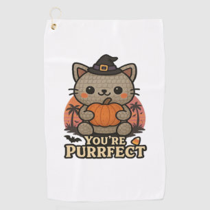 Kawaii Halloween Cat with Pumpkin, Cute Witch Kitt Golf Towel
