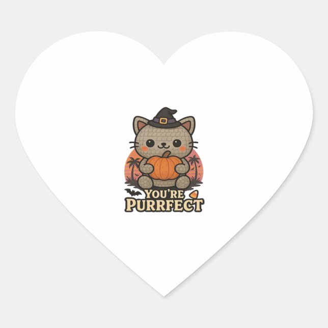 Kawaii Halloween Cat with Pumpkin, Cute Witch Kitt Heart Sticker (Front)
