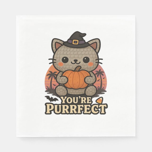 Kawaii Halloween Cat with Pumpkin, Cute Witch Kitt Napkin (Front)