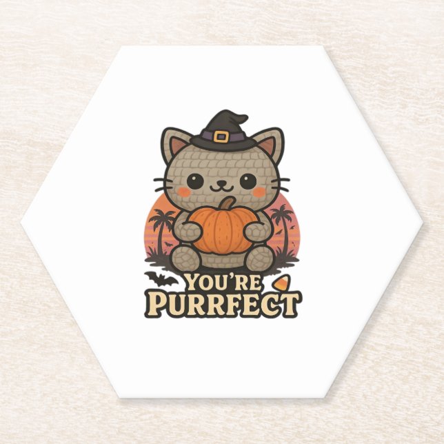 Kawaii Halloween Cat with Pumpkin, Cute Witch Kitt Paper Coaster (Front)