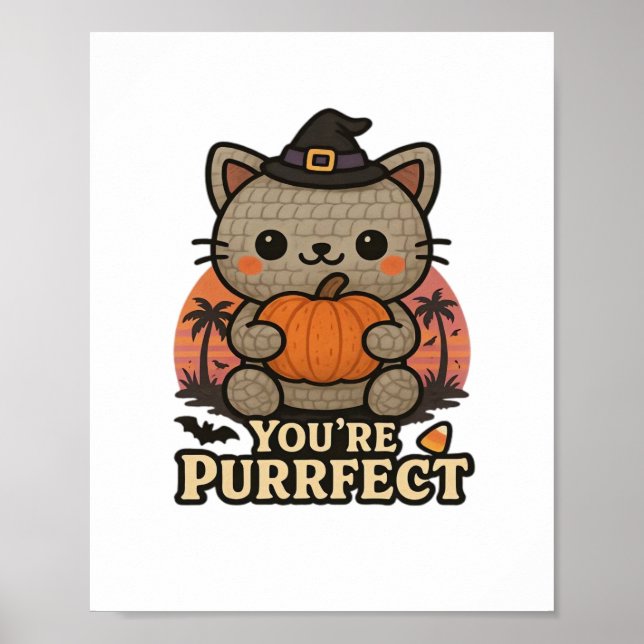 Kawaii Halloween Cat with Pumpkin, Cute Witch Kitt Poster (Front)
