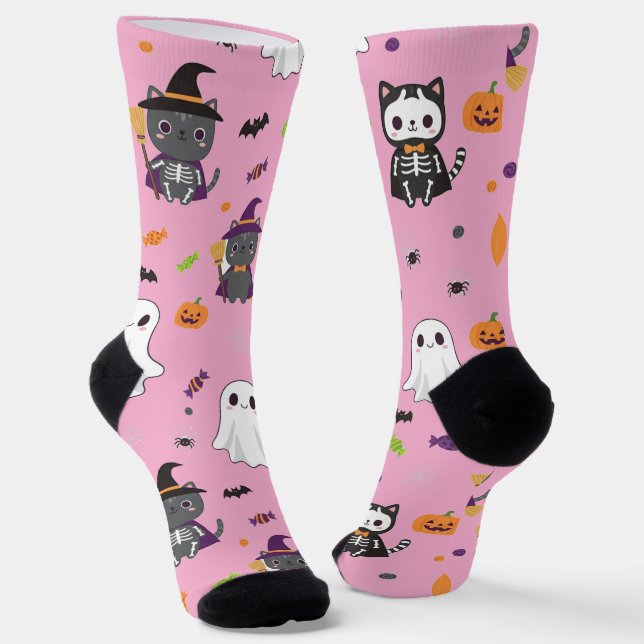 Kawaii Halloween Cats and Ghosts Socks (Angled)