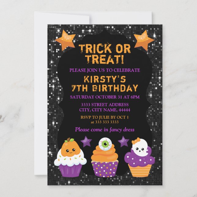 Kawaii Halloween Cupcakes Birthday Invitation (Front)