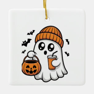 Kawaii Halloween Ghost Orange Beanie Autumn Spirit Ceramic Ornament