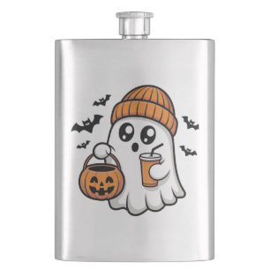 Kawaii Halloween Ghost Orange Beanie Autumn Spirit Hip Flask