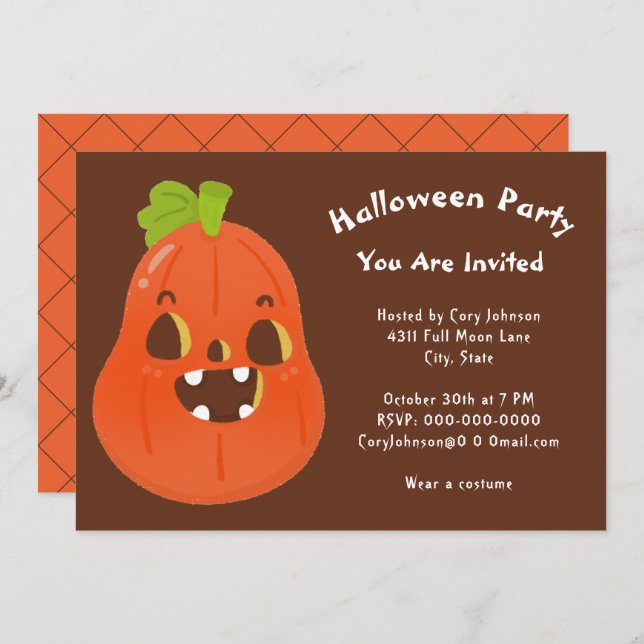 Kawaii Halloween Jack o' Lantern Brown White Party Invitation (Front/Back)