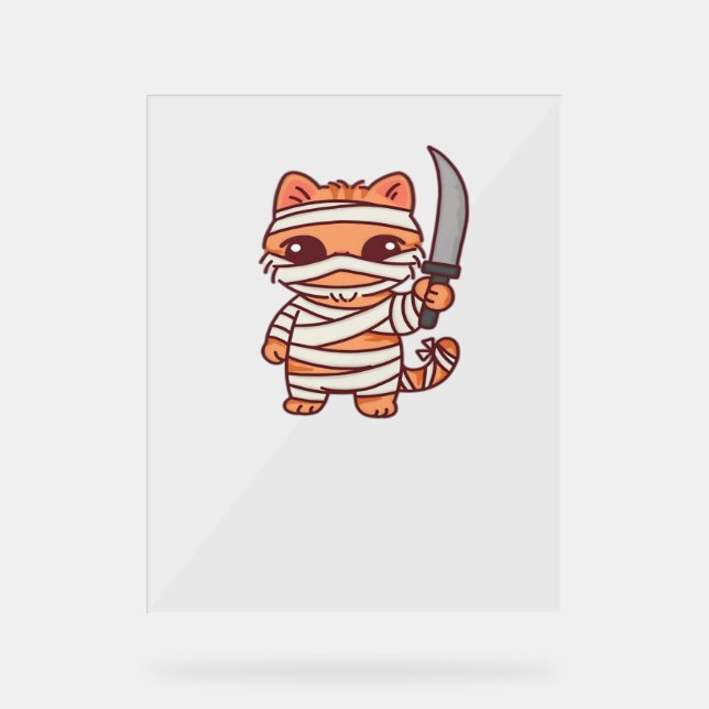 Kawaii Halloween Mummy Cat with Sword Classic T-Sh Acrylic Sign (Front)