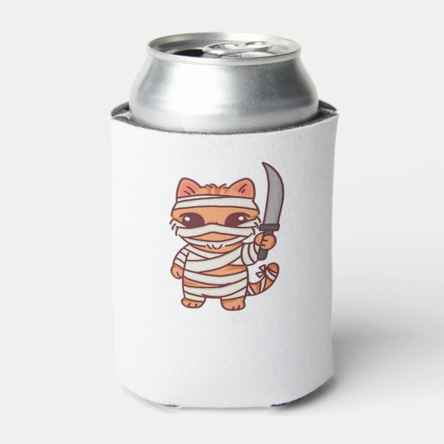 Kawaii Halloween Mummy Cat with Sword Classic T-Sh Can Cooler (Can Front)