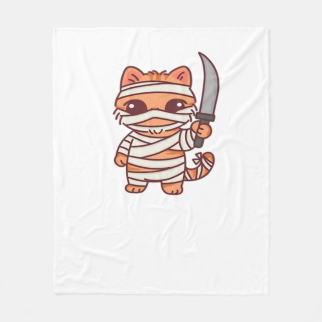 Kawaii Halloween Mummy Cat with Sword Classic T-Sh Fleece Blanket (Front)