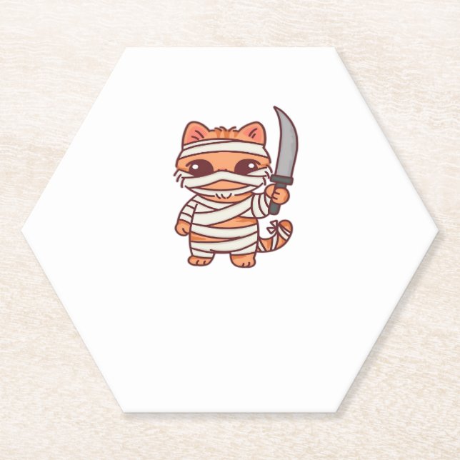 Kawaii Halloween Mummy Cat with Sword Classic T-Sh Paper Coaster (Front)