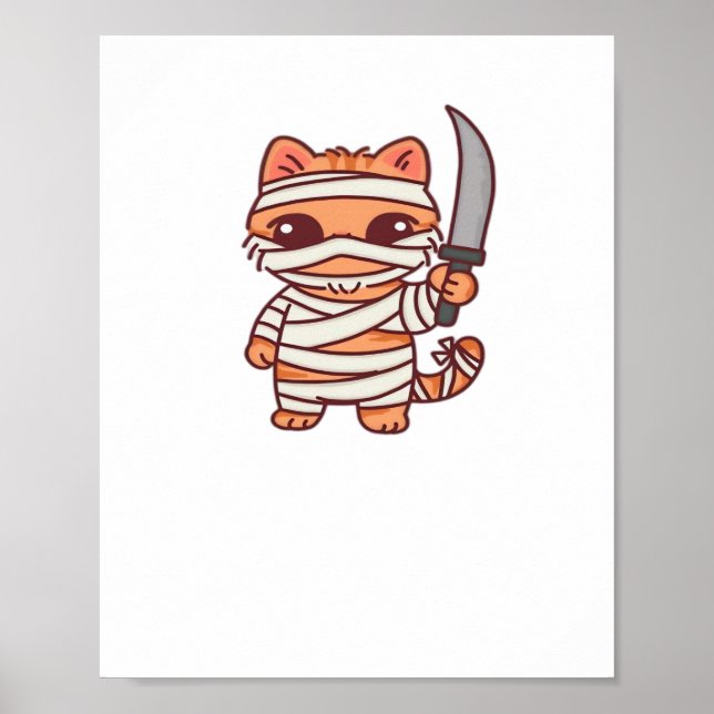 Kawaii Halloween Mummy Cat with Sword Classic T-Sh Poster (Front)