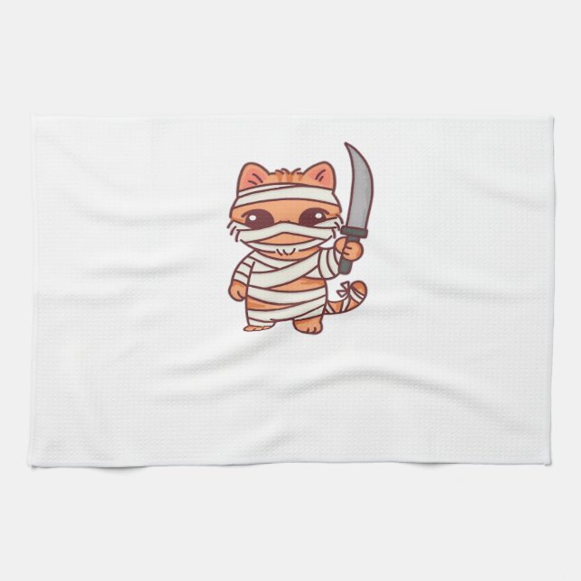 Kawaii Halloween Mummy Cat with Sword Classic T-Sh Tea Towel (Horizontal)