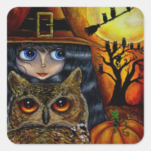 Kawaii Halloween Owl Witch Doll with Big Eyes Square Sticker