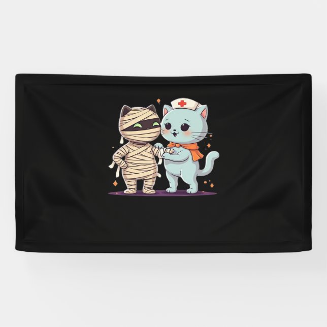Kawaii Halloween Pals Mummy & Nurse cat Oversized  Banner (Horizontal)