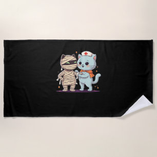 Kawaii Halloween Pals Mummy & Nurse cat Oversized Beach Towel