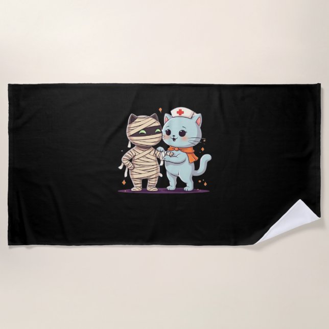 Kawaii Halloween Pals Mummy & Nurse cat Oversized  Beach Towel (Front)