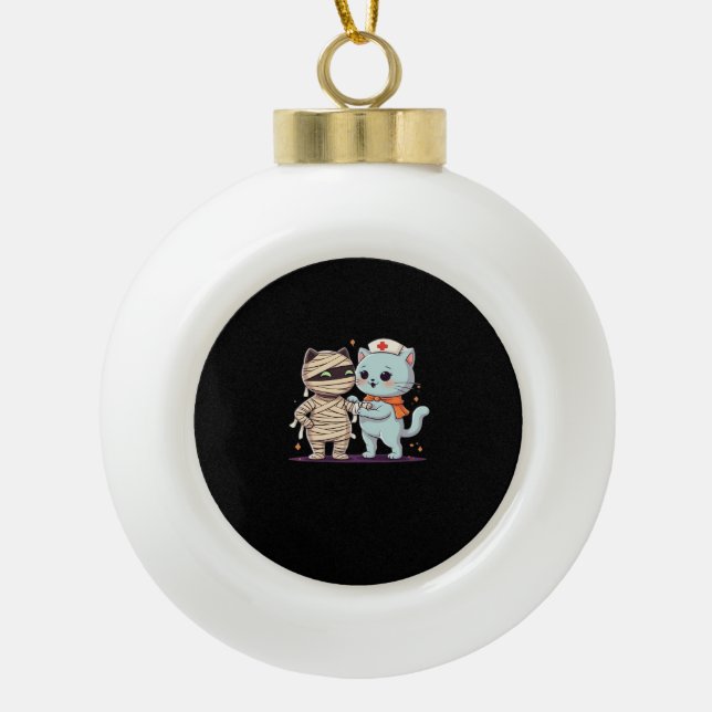 Kawaii Halloween Pals Mummy & Nurse cat Oversized  Ceramic Ball Christmas Ornament (Front)