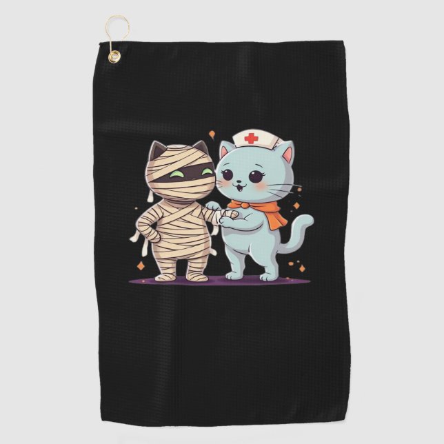 Kawaii Halloween Pals Mummy & Nurse cat Oversized  Golf Towel (Front)