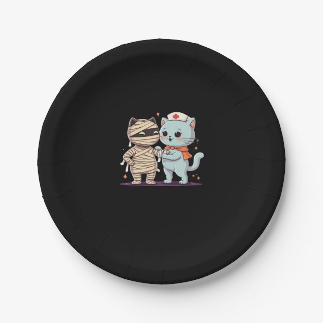Kawaii Halloween Pals Mummy & Nurse cat Oversized  Paper Plate (Front)