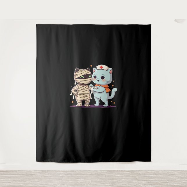 Kawaii Halloween Pals Mummy & Nurse cat Oversized  Tapestry (Front)