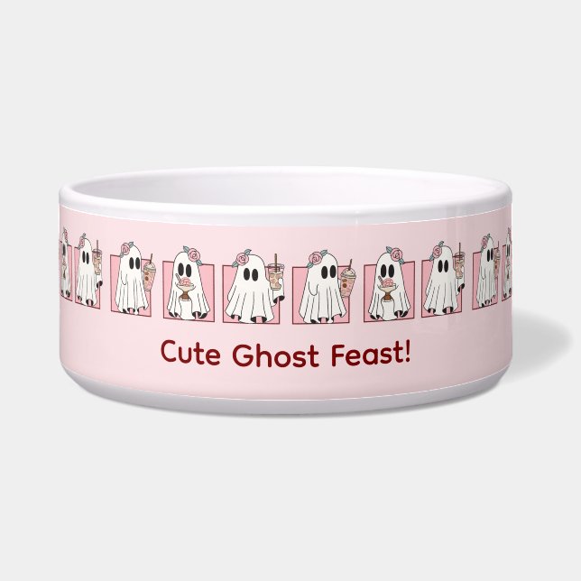 Kawaii Halloween Pet Bowl – Cute Pink Ghosts & Pas (Front)