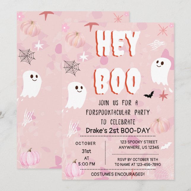 Kawaii Halloween Pink Ghost Birthday Hey Boo Invitation (Front/Back)