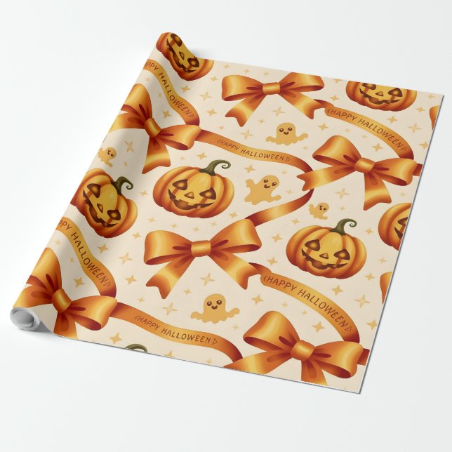 Kawaii Halloween Pumpkin & Bows Gift Wrapping Pape Wrapping Paper (Unrolled)