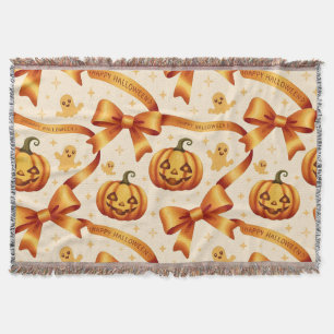 Kawaii Halloween Pumpkin & Bows Throw Blanket