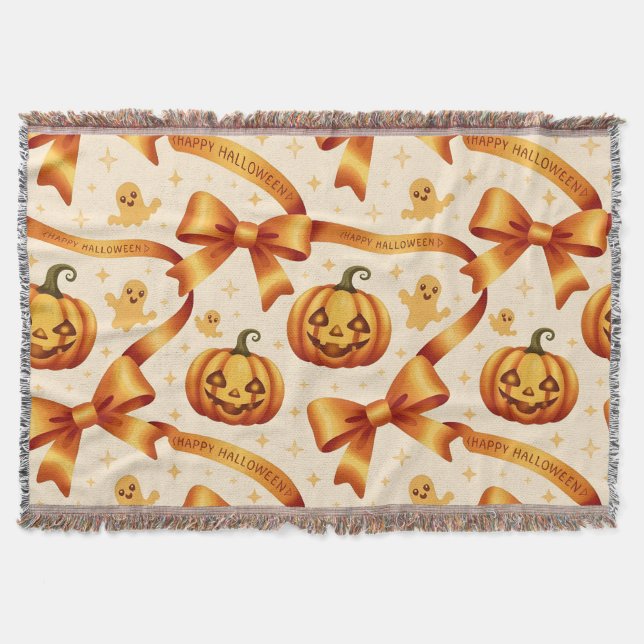 Kawaii Halloween Pumpkin & Bows  Throw Blanket (Front)