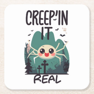 Kawaii Halloween Spider Pun Square Paper Coaster